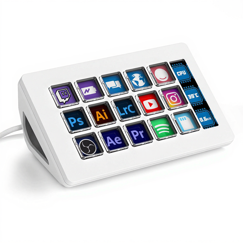 AJAZZ AKP153 Studio Deck-streamcontroller, 15 makrotoetsen, zijscherm, trigger-actie in software zoals OBS, Twitch, YouTube en meer, voor contentcreators, streaming en gaming, Mac/pc, wit