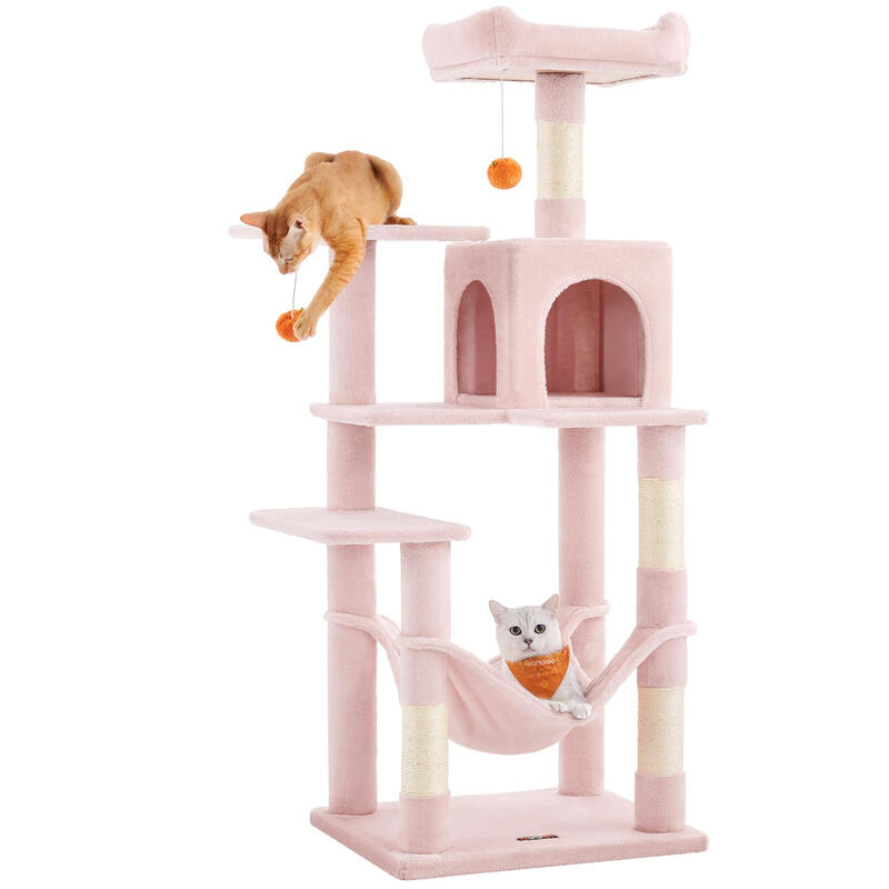 Cat Tree, Multi-Level Plush Cat Condo, 55x45x143cm, Jelly Pink
