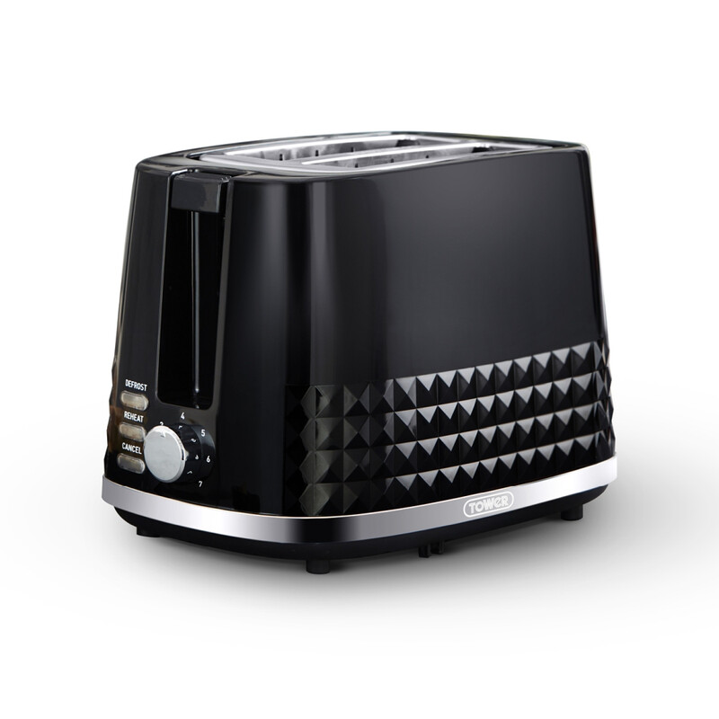 Solitaire 2 Slice Toaster, 850 W, Wide Slots, 3D Diamond Textured, Black & Chrome Acc