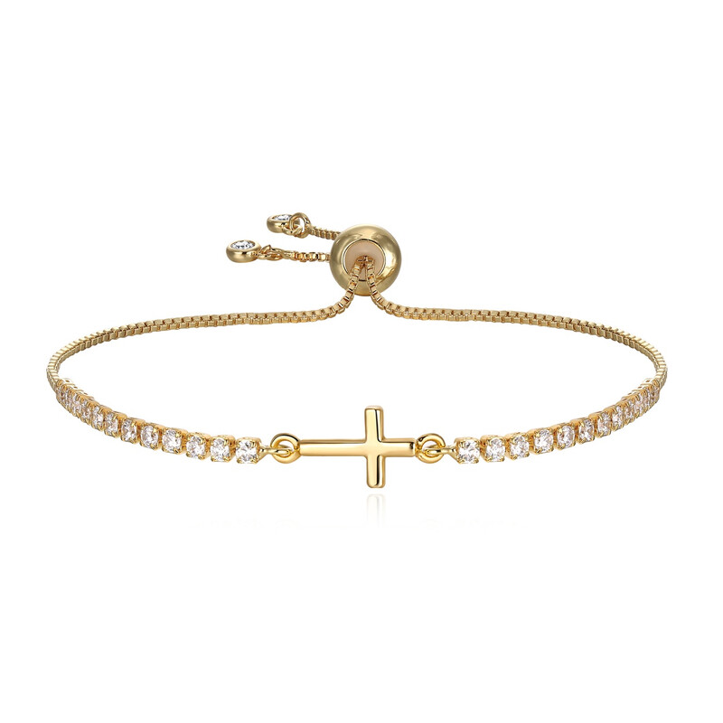 14K Gold Plated Cubic Zirconia Cross Adjustable Bracelet