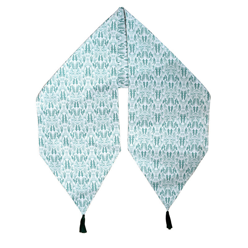 Green Floral Printed Table Runner with Tassels | Decorative Oblong Design
