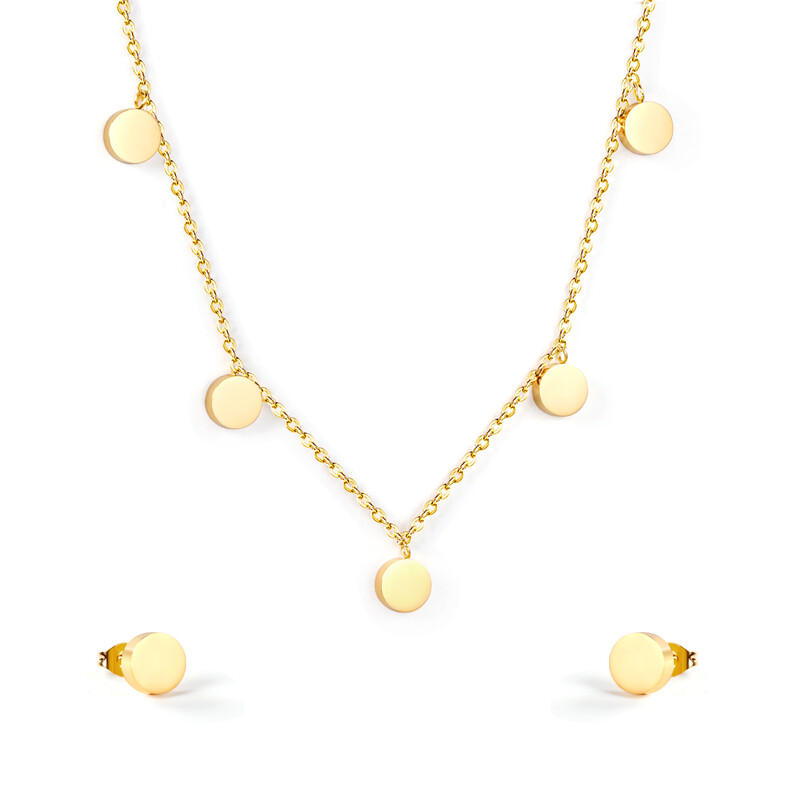 Round Polished 18K PVD Gold-Plated Stainless Steel Fixed-Design Jewelry Set