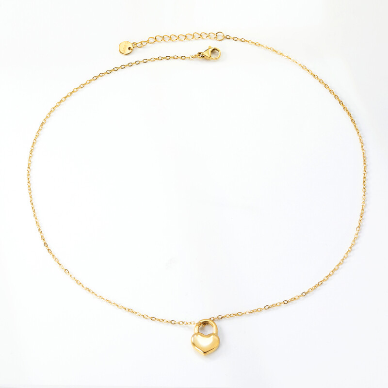 18K PVD Gold Stainless Steel Heart Lock Pendant Necklace, 40+5cm Dainty Love Choker