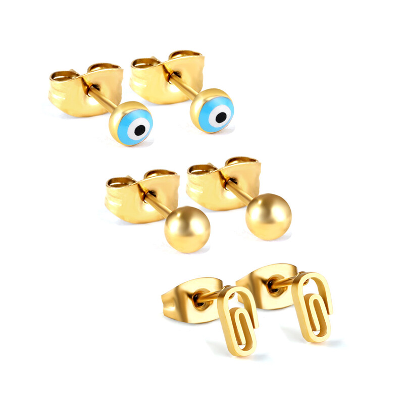 3 Pairs Mismatched Gold Stud Earrings Set – 18K PVD Gold Plated Evil Eye, Round Ball,