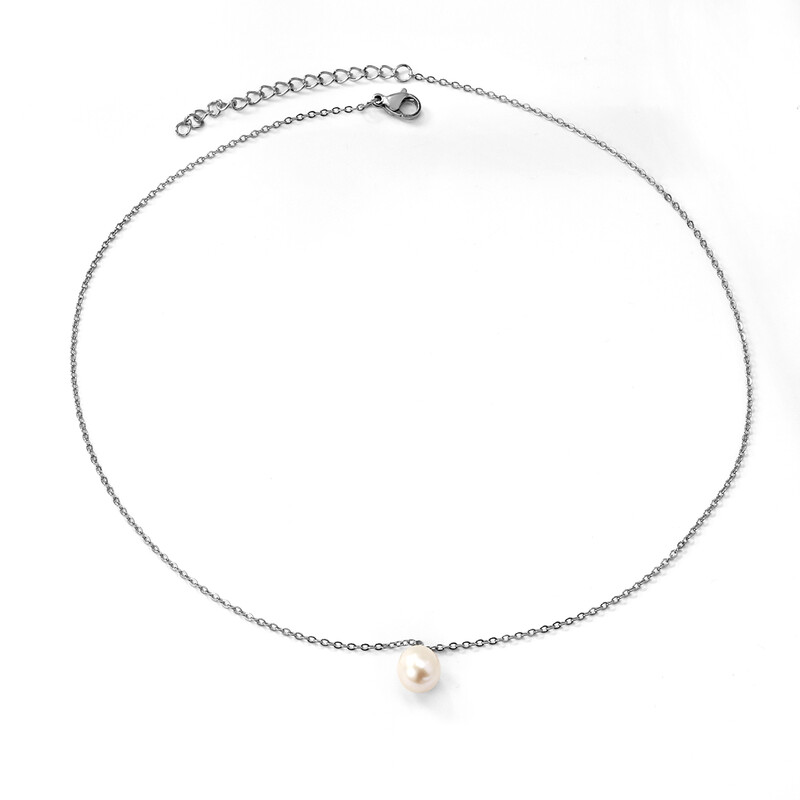 Silver Tone Freshwater Pearl Pendant Necklace, 40+5cm Minimalist Stainless Steel Jewe