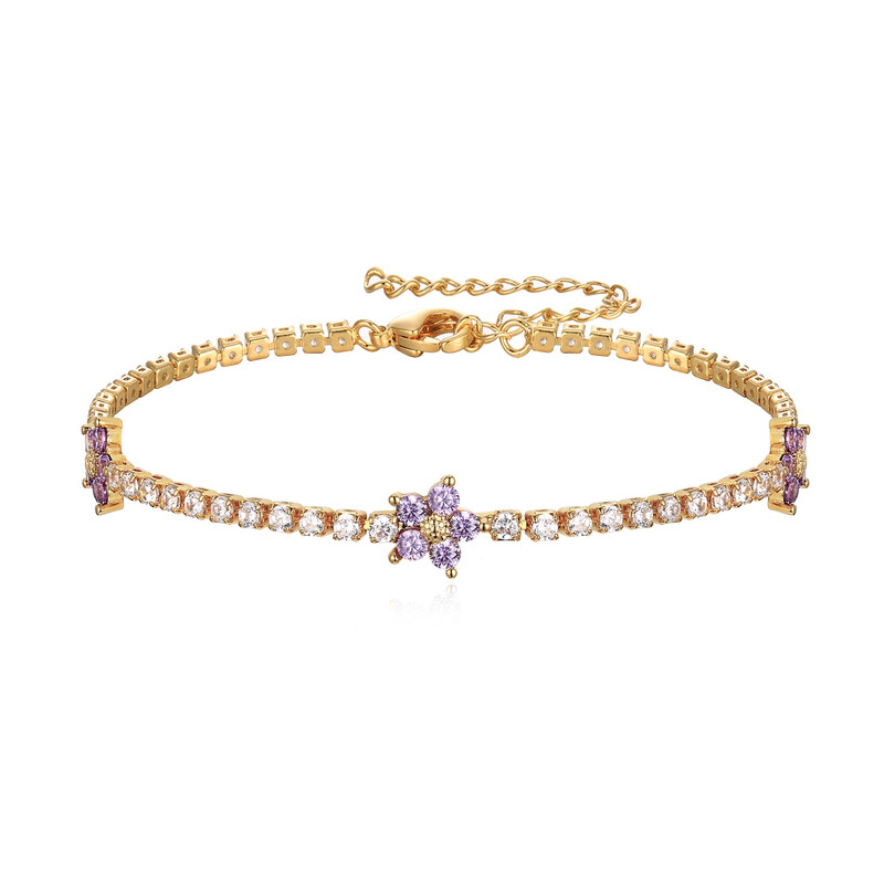 14K Gold Plated Flower Tennis Bracelet With Purple Cubic Zirconia