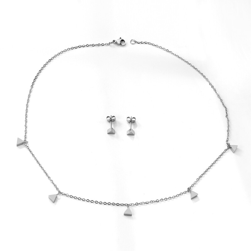 Silver Tone Stainless Steel Triangle Station Necklace and Earring Set, 5-Piece Geomet