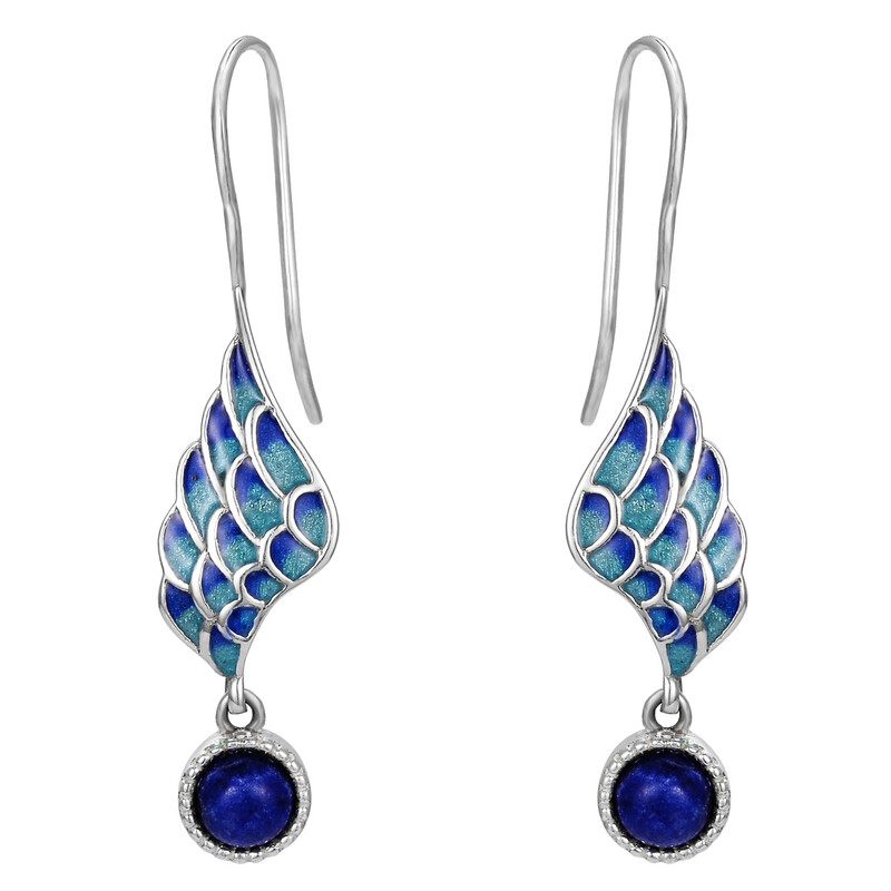 Enamel Lapis Lazuli Angel Wing Drop Dangle Hook Earrings