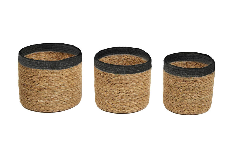 Set Of Three Natural And Black Baskets.