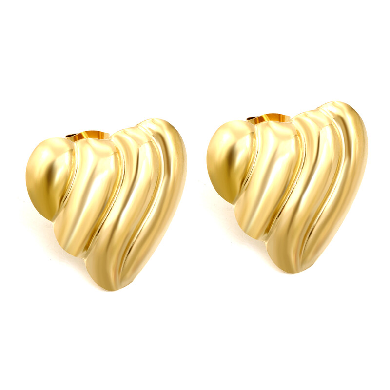 18K Gold Plated Textured Heart Stud Earrings, 23.4mm Chunky Ribbed Geometric Heart Je