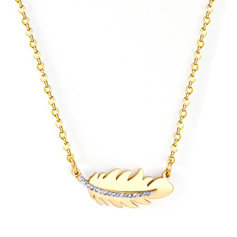 Gold Leaf Pendant Necklace with White Crystals, 40+5cm Adjustable Chain