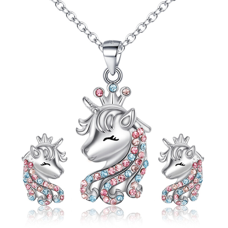 Unicorn Jewelry Set Cubic Zirconia Unicorn Necklace Earrings Set