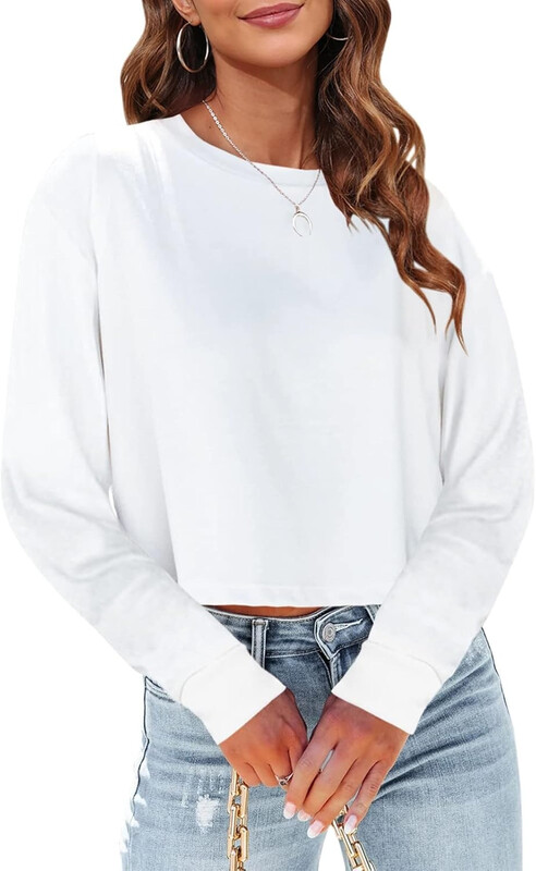 Woman Long Sleeve Cropped T Shirts Round Neck Casual Drop Shoulder Crop Tops Solid Sw