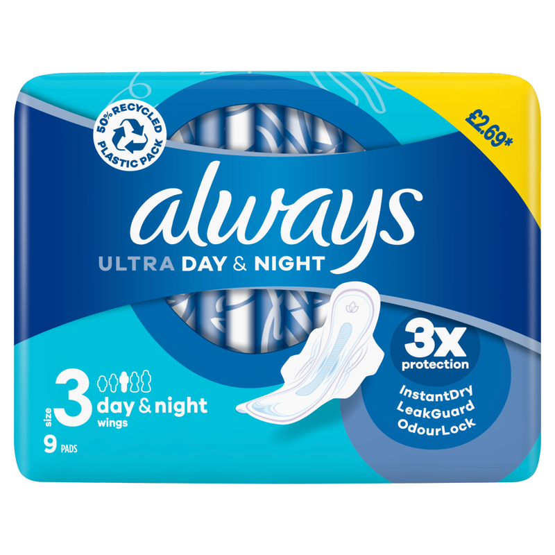 Always Ultra Day & Night Sanitary Towels With Wings Size 3 9 Pads