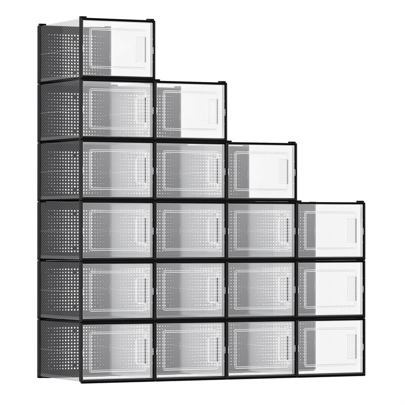 SONGMICS Plastic Shoe Box, Pack of 18, 35.0 x 25.2 x 19.0cm, Transparent and Black