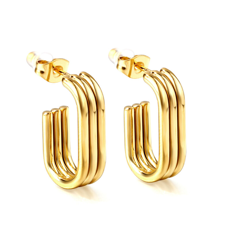 Gold Tone Rectangular Open Hoop Earrings, 21mm Minimalist Geometric Stainless Steel H