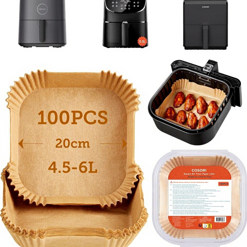 COSORI Backpapier für Heißluftfritteuse XXL 4–7,3 L, 100er-Pack, 20 cm, ungebleichtes Heißluftfritteusen-Zubehör, Einwegschalen mit Antihaftwirkung, Pergamentpapier, kompatibel mit Standard-Heißluftfritteusen