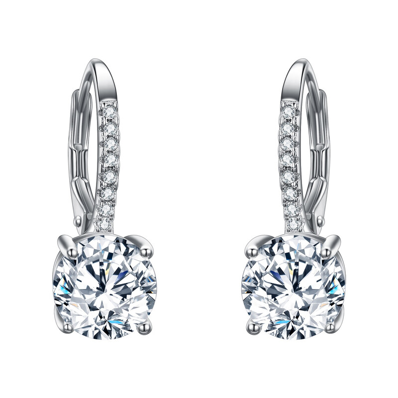 Clear Round Drop Leverback Dangle Earrings with Full Cubic Zirconia