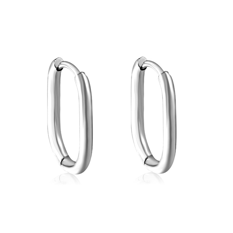 Stainless Steel Oval Huggie Earrings – U-Shaped Geometric Hoops, Hypoallergenic Silve