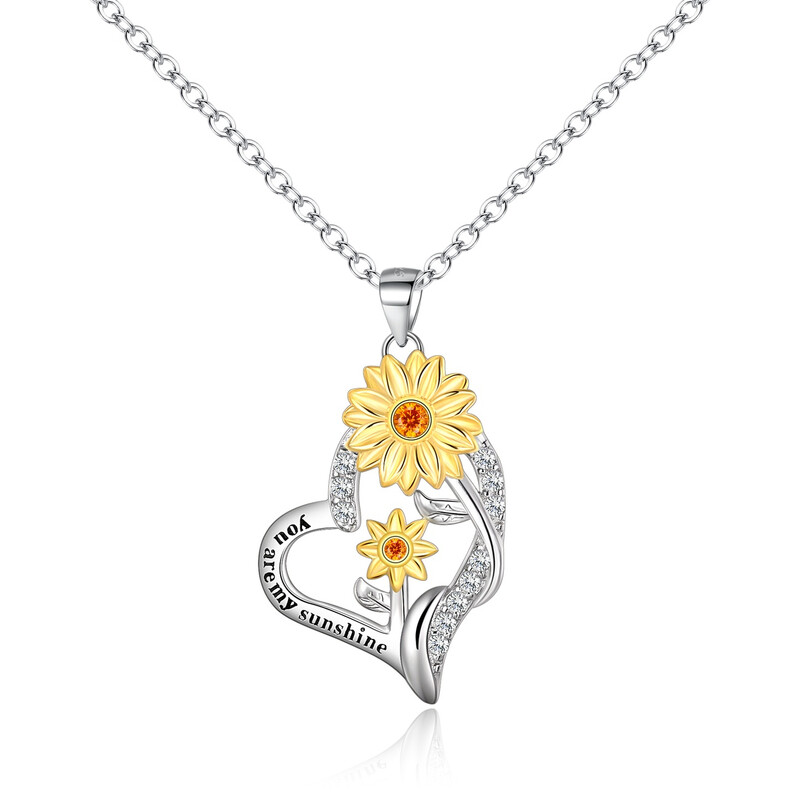 Cubic Zirconia Sunflower Delicate Double Heart You Are My Sunshine Pendant Necklace