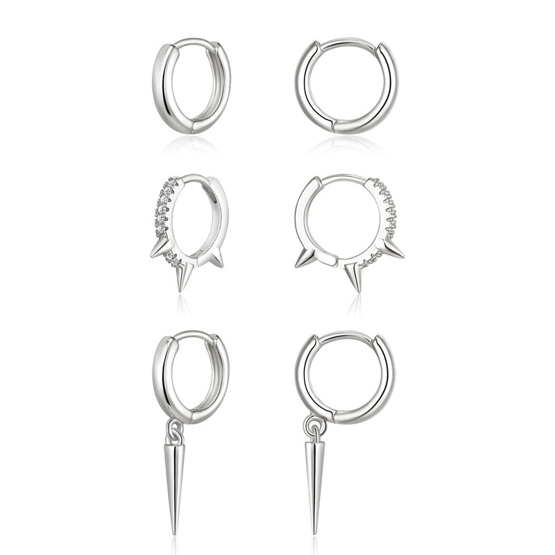3 - pair Dangle Huggie Earrings Set Dainty Hoop Stud and Spike Earrings with Cubic Zi