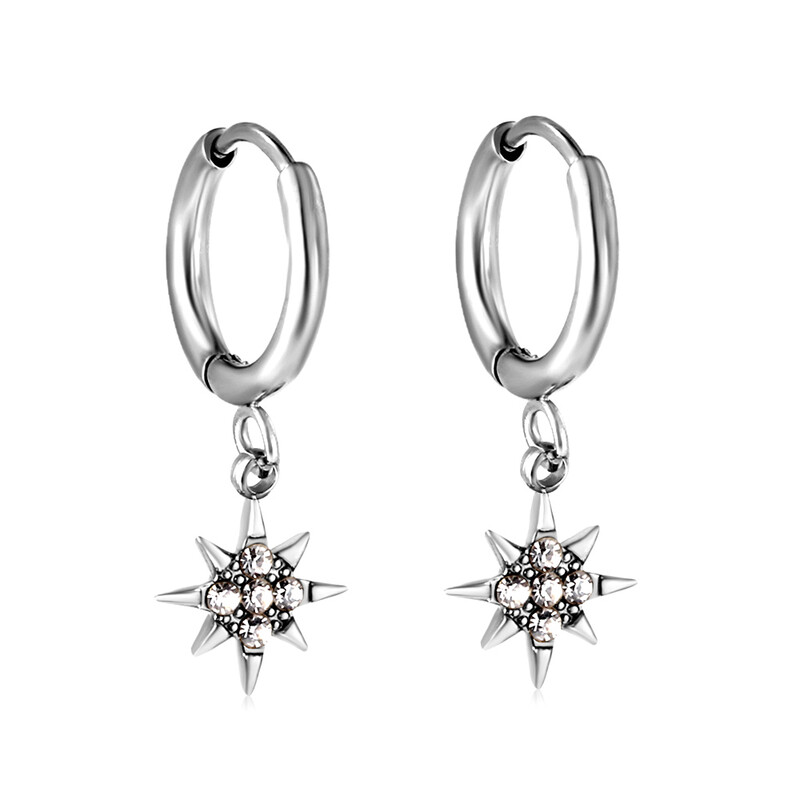 Silver Tone Stainless Steel North Star Dangle Earrings, Celestial Starburst Huggie Ho