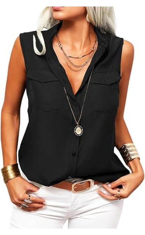 Women's Solid Lapel Sleeveless Tank Tops Summer Button Down Shirts Office Ladies Shir
