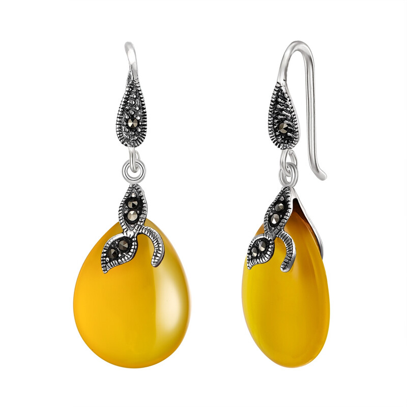 Art Deco Crystal Leaf Teardrop Hook Earrings with Natural Yellow Chalcedony