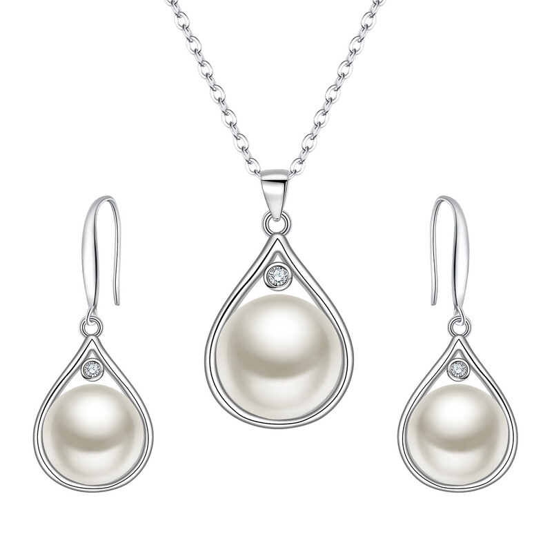 Cubic Zirconia and Freshwater Pearl Teardrop Pendant Necklace and Dangle Hook Earring