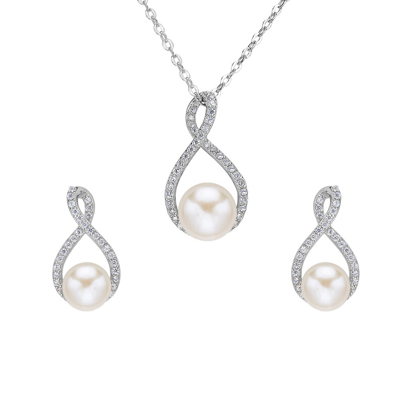 Cubic Zirconia and Freshwater Cultured Pearl 8 Infinity Necklace Earrings Set
