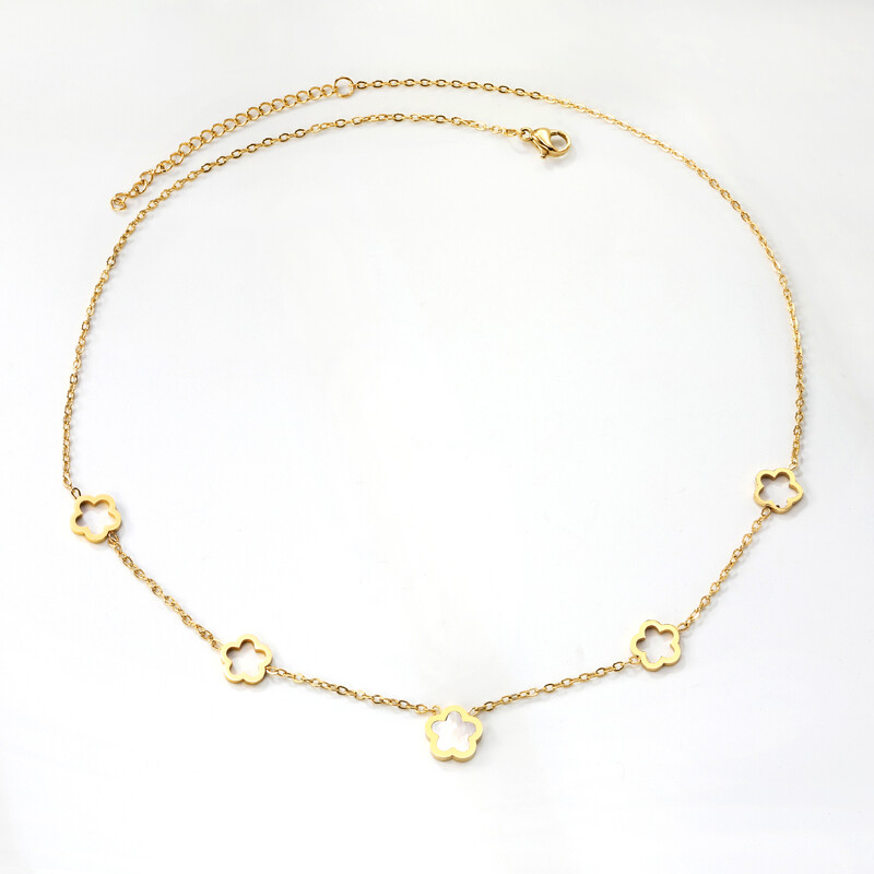 Gold Flower and Mother of Pearl Necklace, 4 Hollow Cherry Blossom Charms