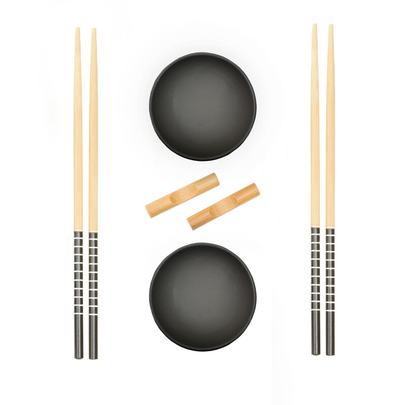 6pc Black Ceramic and Wood Sushi Set