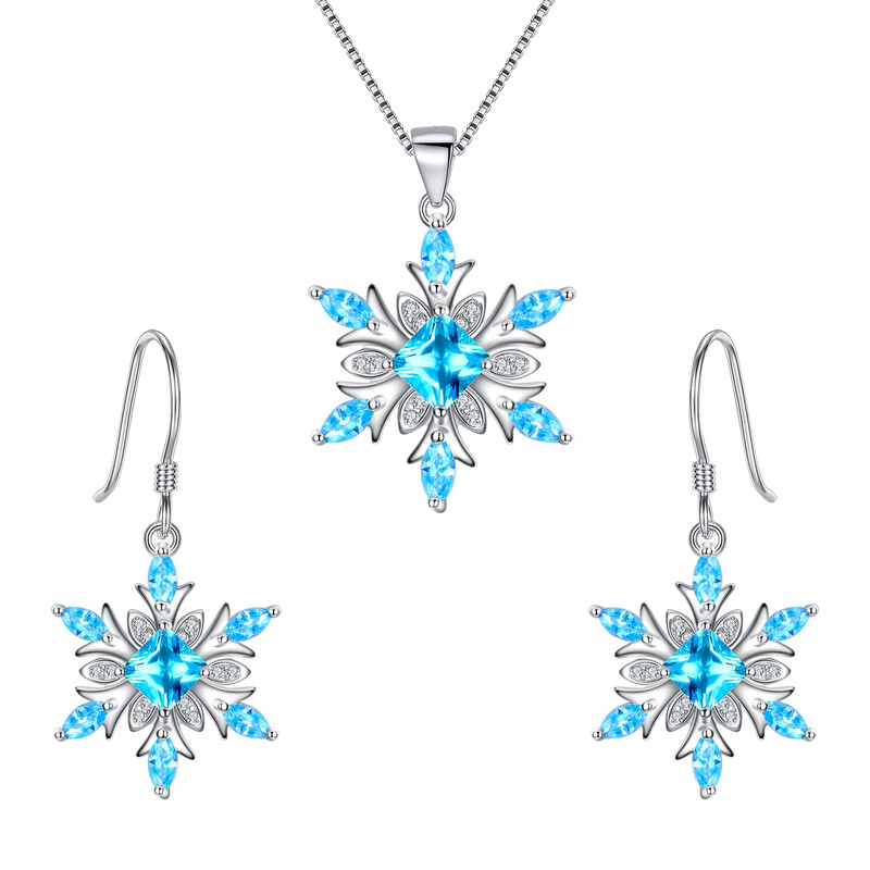 Sea Blue Cubic Zirconia Winter Snowflake Necklace and Earrings Set