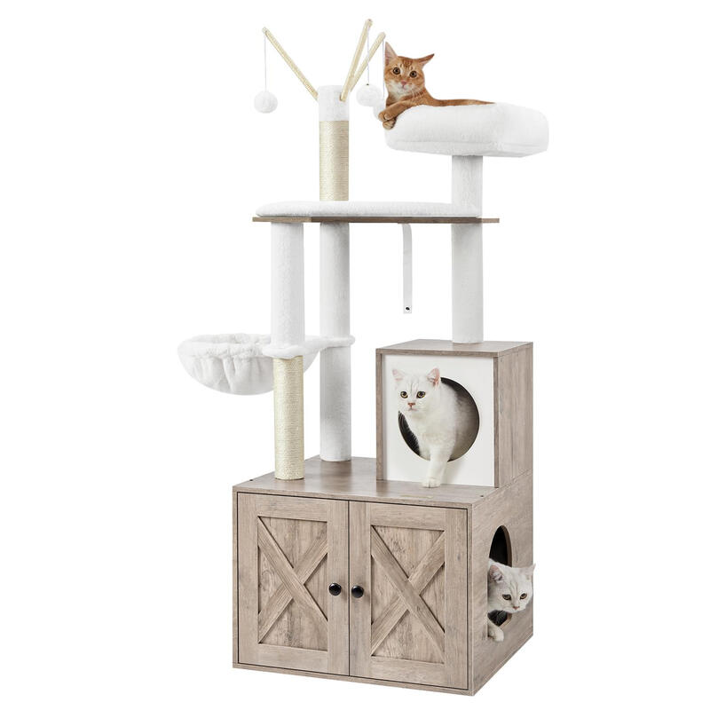 WoodyWonders with Litter Box Enclosure Cat Tree, 58×50×140cm, Greige