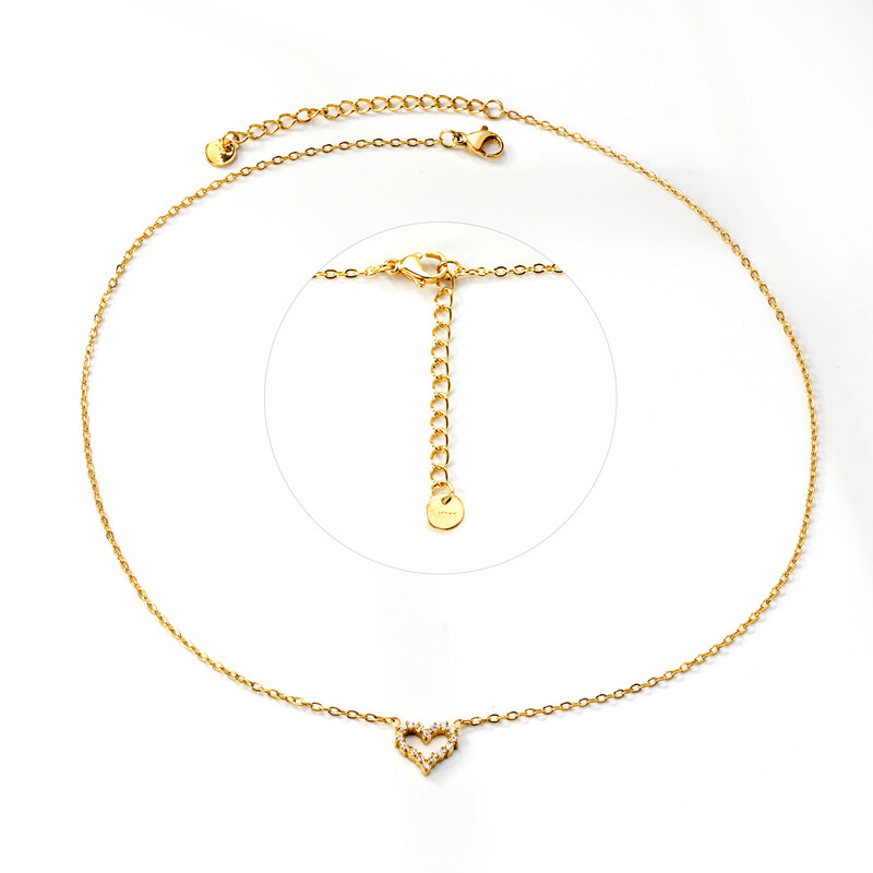 18K Gold PVD Plated Stainless Steel Heart Pendant Necklace with White Crystals, 42+5c