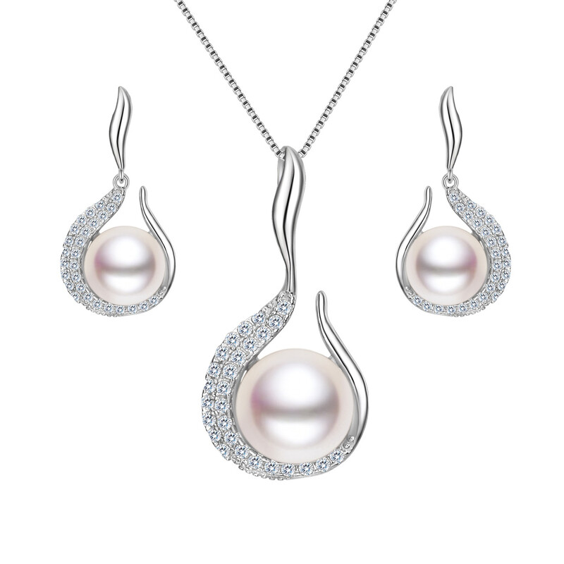 AAA Freshwater Cultured Pearl & Cubic Zirconia Flower Bud Necklace and Earrings Set