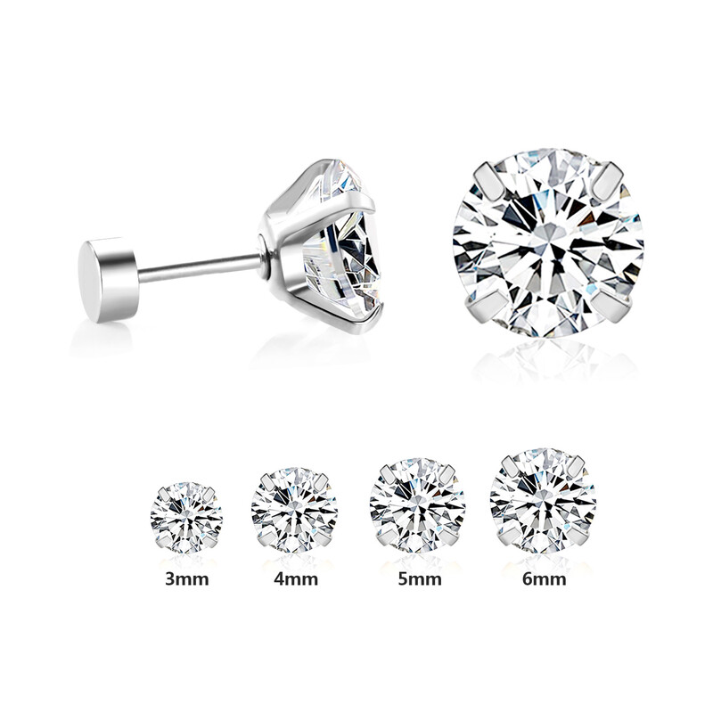 Surgical Steel Screw Back Stud Earrings, 4-Prong Round Clear Cubic Zirconia Piercing 