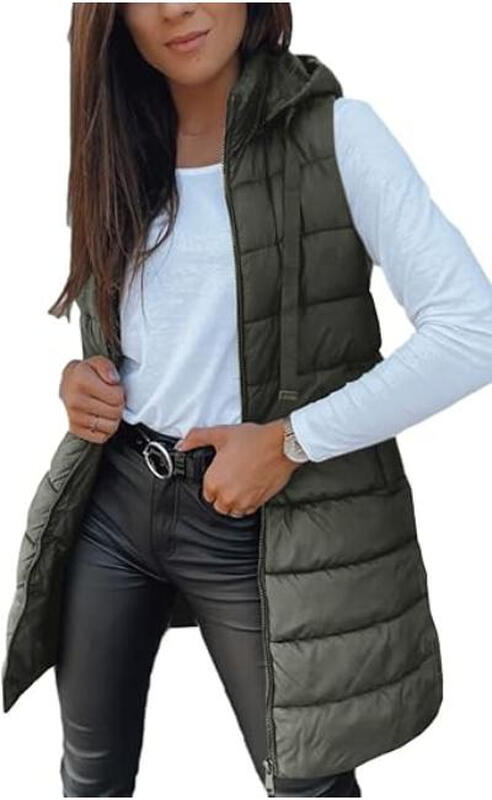 Women's Green/White Long Vest Solid Color Sleeveless Hood Winter Puffer Vest Outwear (Army, L)