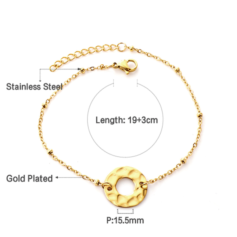 18K Gold Plated Hollow Circle Charm Bracelet, Dainty Link Chain 19+3cm, Elegant Daily