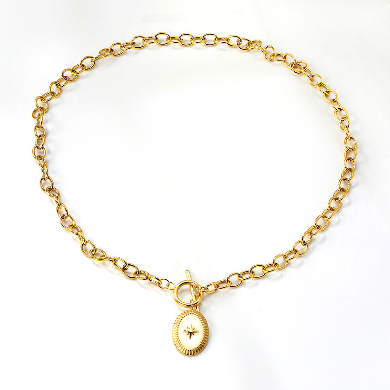 Oval Lucky Star Pendant Necklace, 45cm Gold Chain Jewelry
