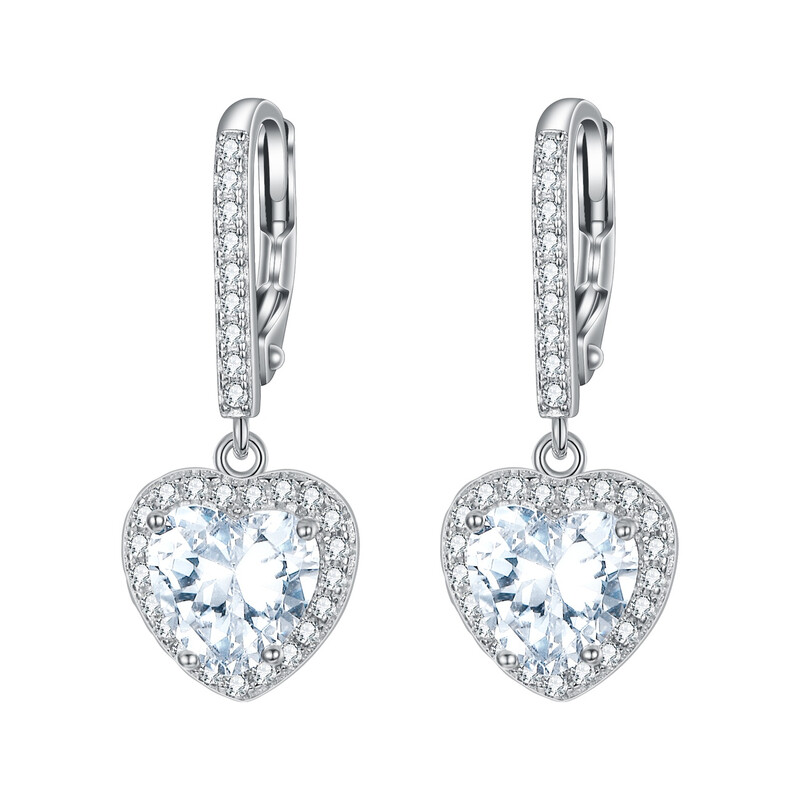 Cubic Zirconia Love Heart Leverback Dangle Earrings