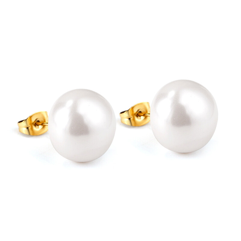 14mm Flat Shell Pearl Stud Earrings Set, 18k PVD Gold Plated & Silver Tone Stainless 