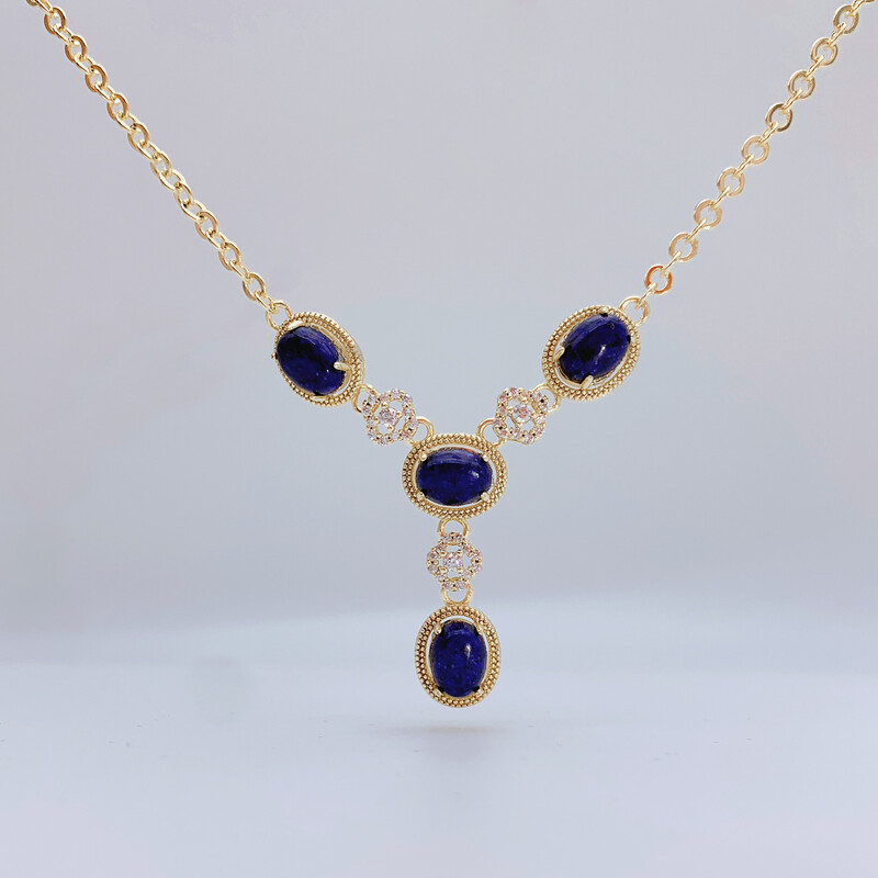 18-Inch Women's 18K Gold Plated Teardrop Pendant Necklace with Blue Accents