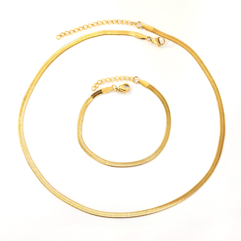 Flat Snake Bone Herringbone Chain Set, Wide Blade Bracelet & Choker Necklace, Retro 1