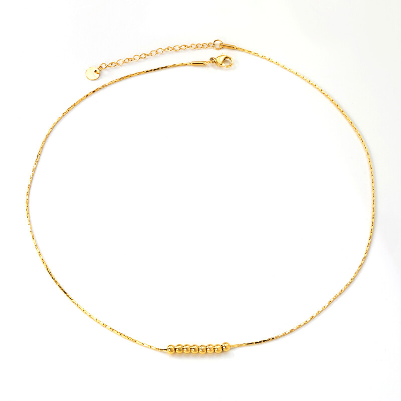 18K Gold PVD Plated Stainless Steel Bead Necklace, 8 Polished Steel Beads, 45+5cm
