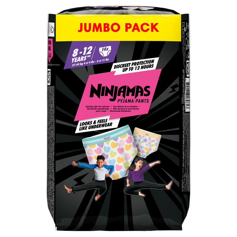 Ninjamas Pyjama Pants Nappies Pull-On Size 8 Giant Extra 8-12 Years 4 Pack
