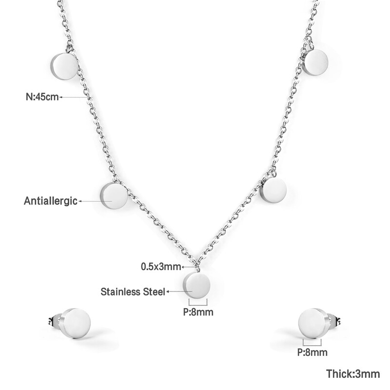 Silver Tone Circular Jewelry Set, Polished Stainless Steel Round Pendant Necklace and
