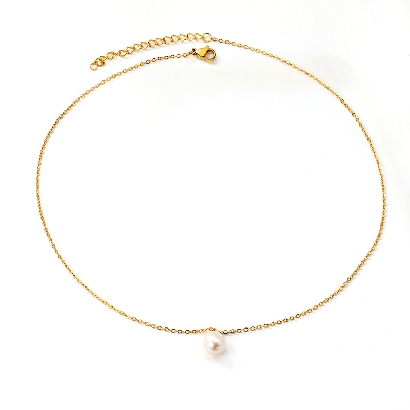 18K PVD Gold Stainless Steel Freshwater Pearl Necklace, 40+5cm Elegant Pendant Choker