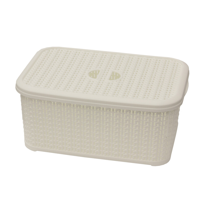 Knit Design Loop Plastic Lidded Rectangular Storage Basket with Handles – Ivory