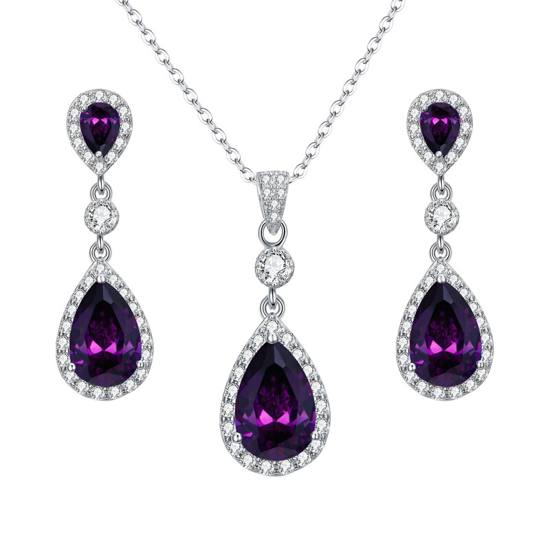 Purple Cubic Zirconia Infinity Teardrop Pendant Necklace and Dangle Earrings Set